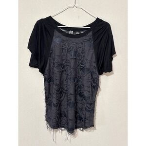 BKE Distressed Gray/Black Women's Short Sleeve Shirt Small Western Grunge Sheer